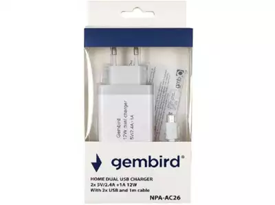 NPA-AC26 Gembird punjac za telefone i tablete 2x5v/24A+1A 12W +micro USB DATA kabl 1M*255*