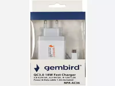 NPA-AC36 Gembird QC3.0 brzi punjac +Type C USB kabl,18W 3.6-6.5V/3A, 6.5V-9V/2A, 9V-12V/1.5A*340*