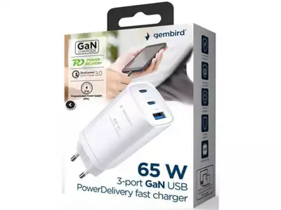 TA-UC-PDQC65-01-W Gembird 3-port 65W GaN USB PowerDelivery fast charger, white*1321*