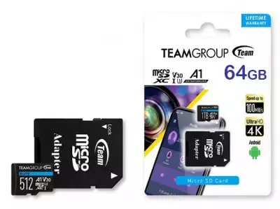 TeamGroup MICRO SDXC 64GB ELITE, UHS-I U3 V30 A1, 100/50MB/s +SD Adapter TEAUSDX64GIV30A103*470*